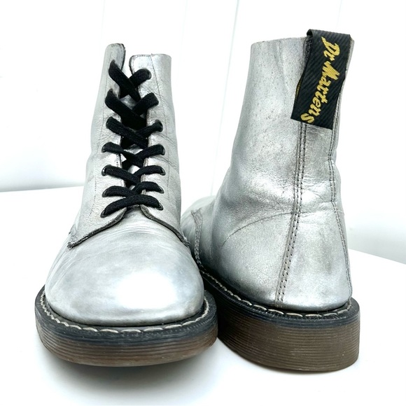 Dr. Martens Shoes - Vtg MIE UK9 Dr Martens Metallic Silver Leather Astronaut Boots 70s 80s